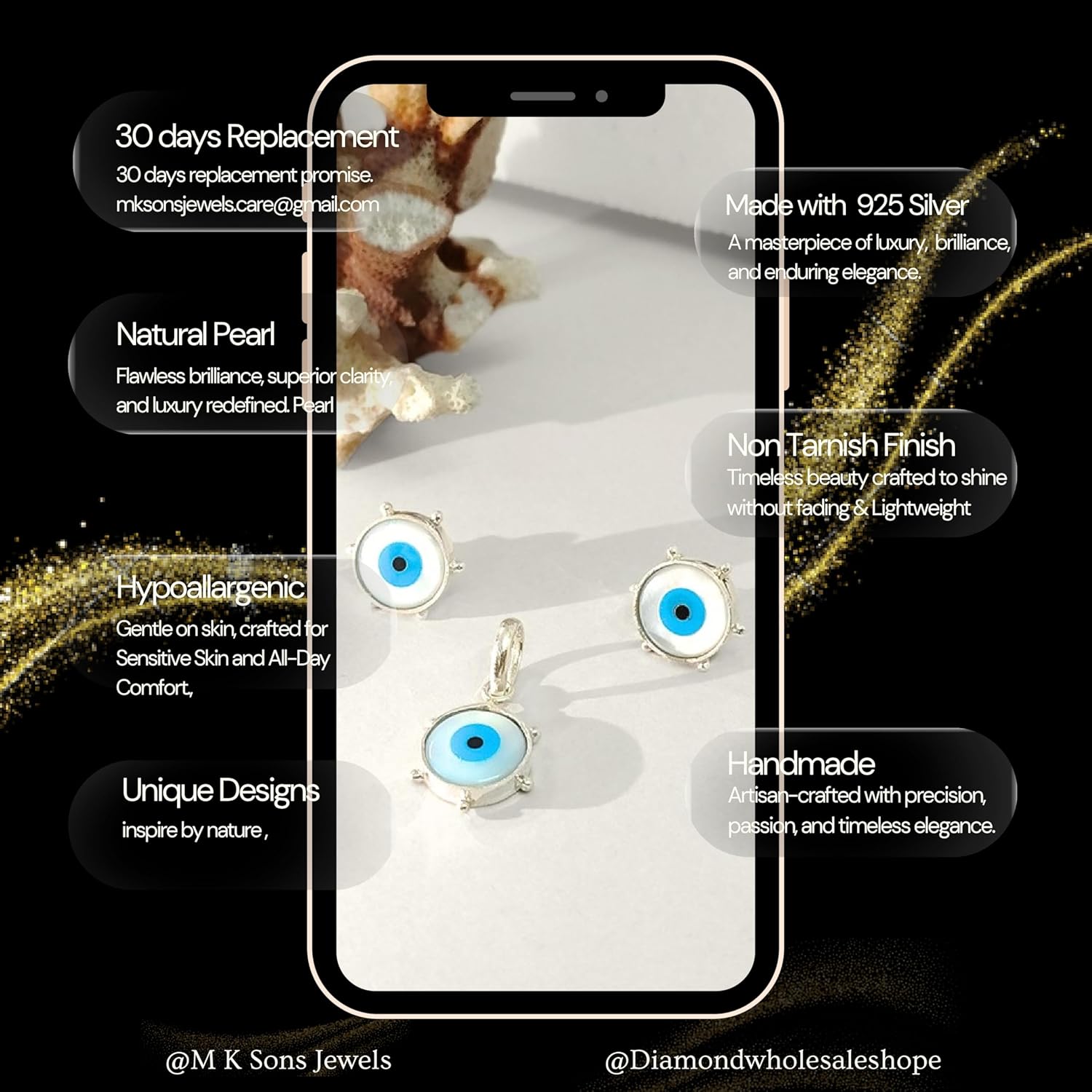 MK Sons Jewels Evil Eye Pendant and Studs Earrings Set for Women & Girls | Protective Charm Jewellery | Mother of Pearl Design | 13mm Size | Lightweight 6.68g | Stylish Wear - Image 3