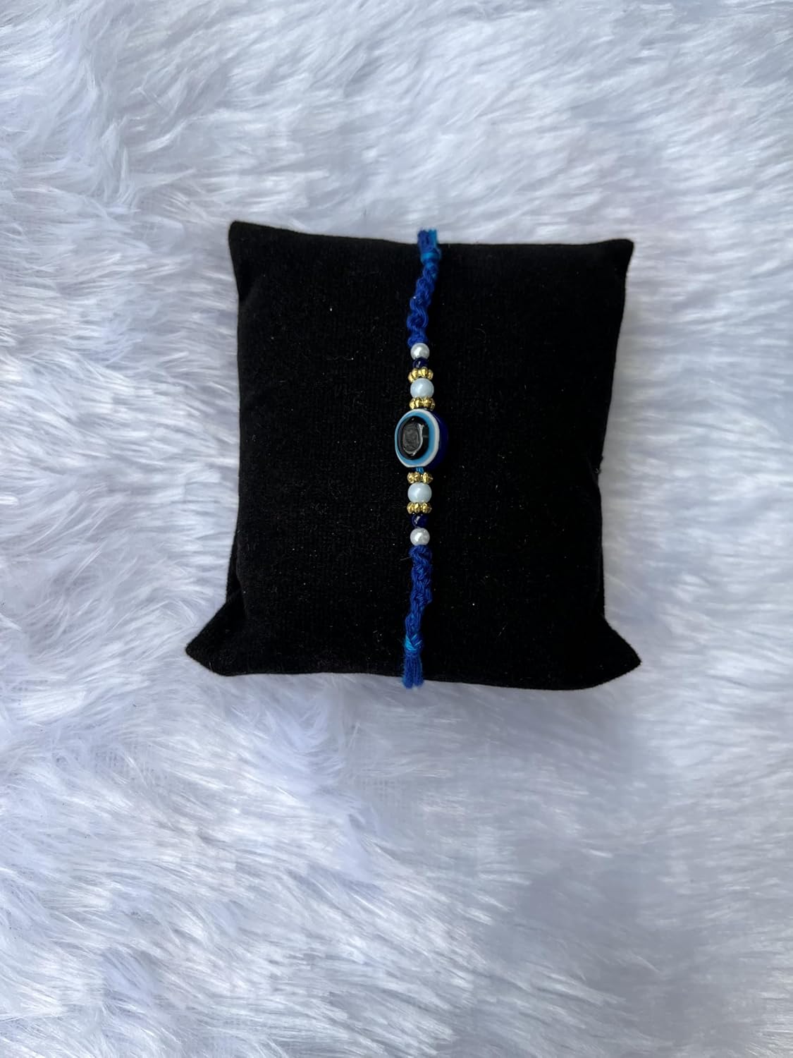 PDY FASHION Evil Eyes Handcrafted Blue Thread Rakhi with Pearl and Golden Beads, Traditional Indian Festival Bracelet - Image 3