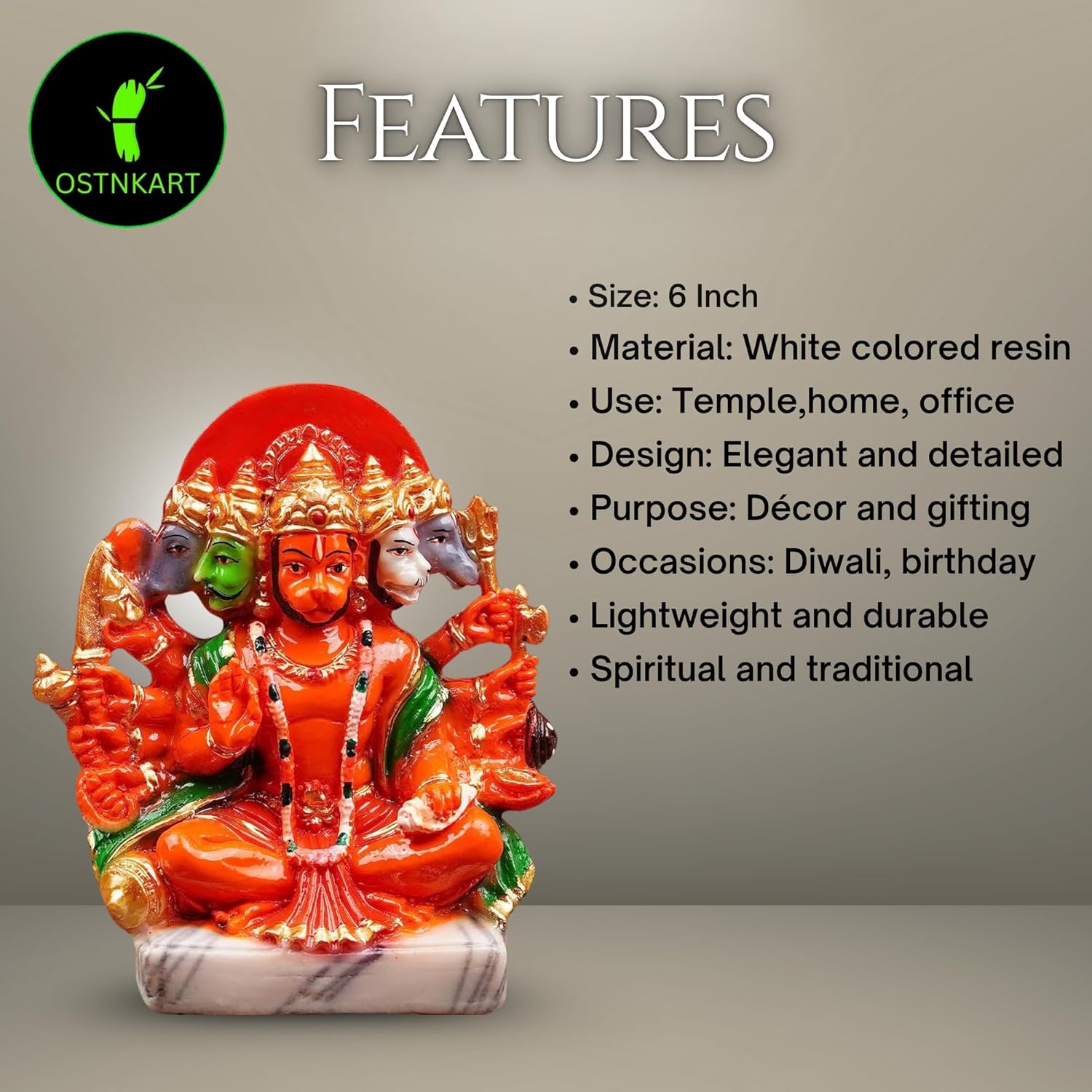 OSTNKART Hanuman Ji Murti Panchmukhi Hanuman for Door Entrance Temple Home & Office Decor Living Room Decoration Gift for New House Warming ceramony Diwali Gift bajarangbali Balaji Idol Evil Eye - Image 8