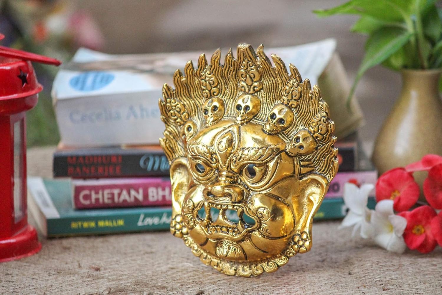 CRAFTICIA Metal Mahakal Face Mask Negative Energy Remover Nazar Battu Evil Eye Protector Wall Mount Hanging Sculpture for Vastu Figurine (4 X 6.5 inch, Golden) - Image 4