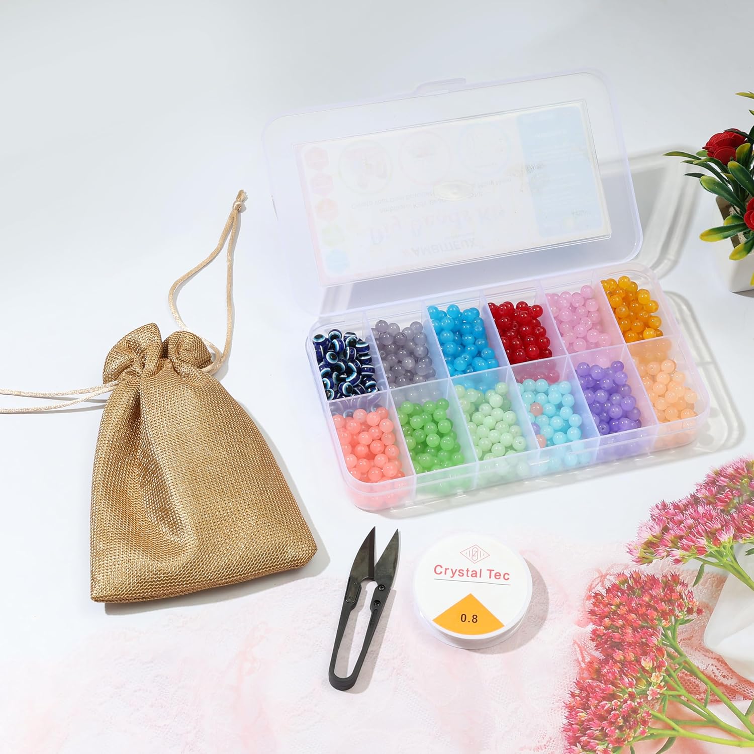 ambitieux Kids Toy Glass Beads DIY Bracelet Necklace Making Craft Kit - 11 Colors of Glass, Evil Eye, Thread Cutter, Elastic Thread, Jute Bag - 700+ PCS for Crafting - Image 3