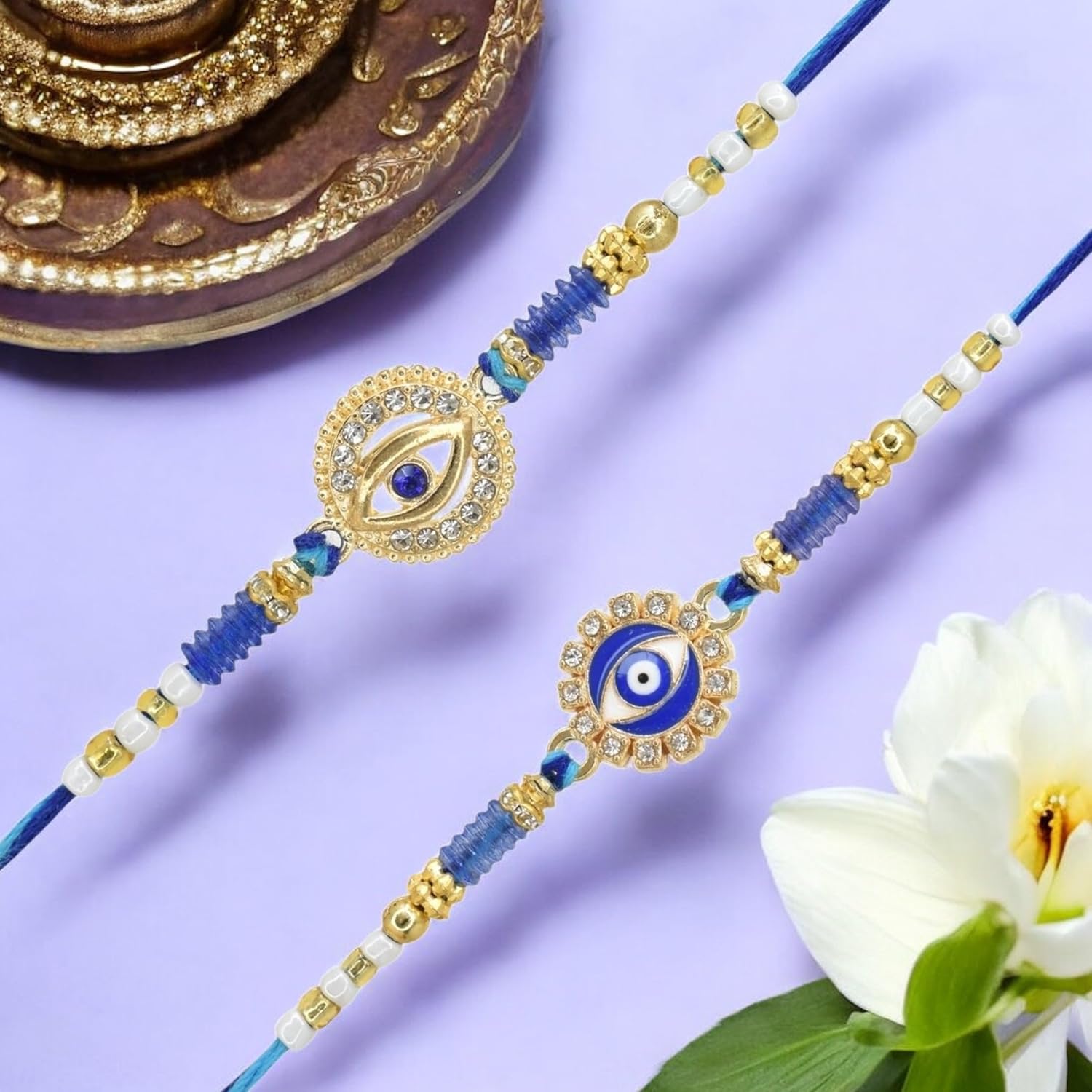 Meira Jewellery Evil Eye Set of 2 Rakhi, Premium Blue Beaded Cotton Thread Combo Pack Bracelet Type Kids Rakhi for Brother with Chocolate Gift Hamper, Roli Chawal and Rakshabandhan Greeting Card-02 - Image 7