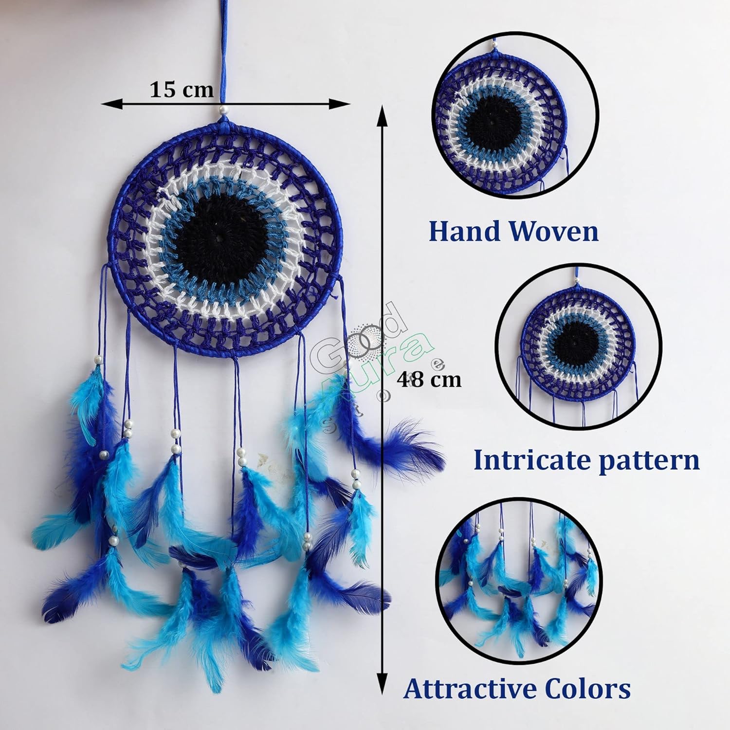 Good Aura Store Handmade Dream Catchers Wall Hangings for Home Decor Kids Room Bedroom Livingroom Balcony Feathers Dreamcatcher Wall Decorations Gift Items(Pack of 1, 15LX48Hcm, Blue) - Image 4