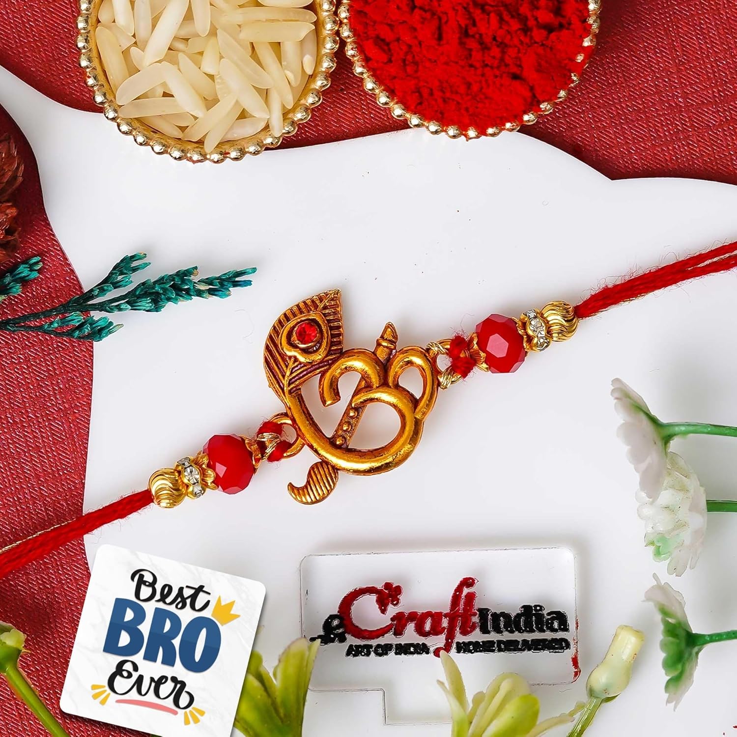 eCraftIndia Peacock Feather Flute Om Rakhi for Brother | Raksha Bandhan Rakhi for Bhai Bhaiya | Best Bro Ever Fridge Magnet | Roli Chawal Pack - Image 2