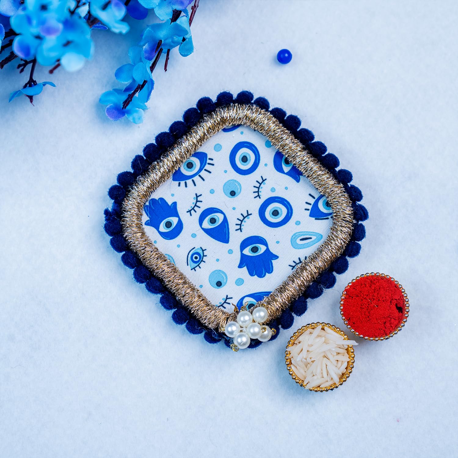 MyPoojaThali Set of 3 Evil Eye Rakhi for Brother with Thali, Blessing Card, Roli Chawal & Printed Gift Pouch – Designer Raksha Bandhan Combo - Image 5