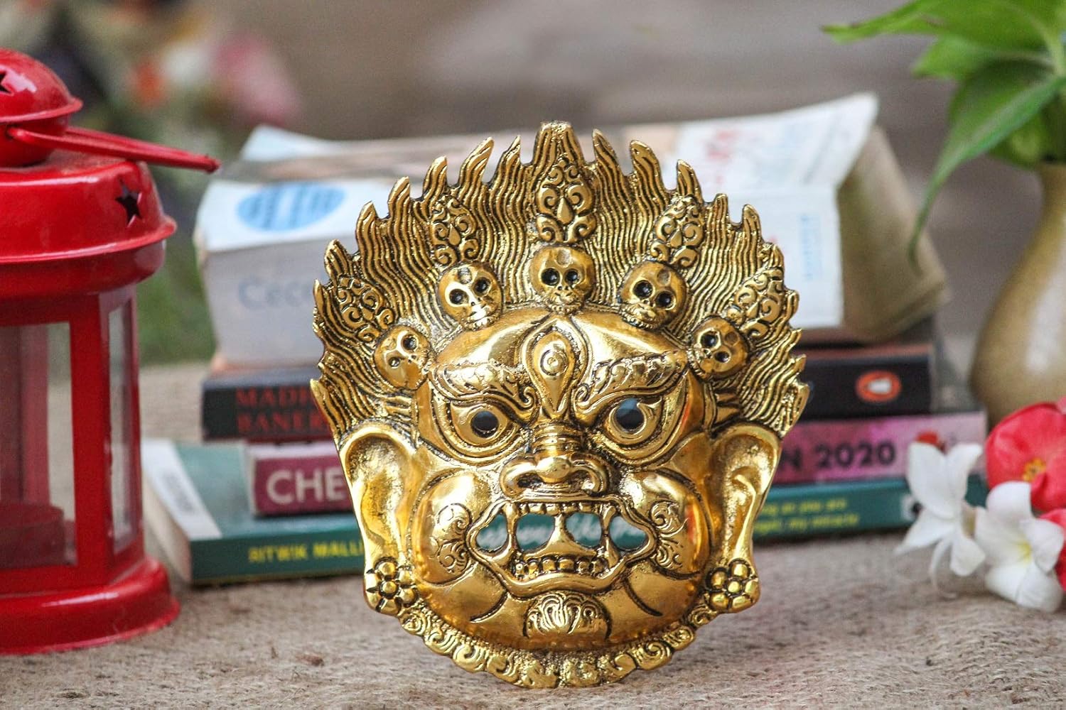 CRAFTICIA Metal Mahakal Face Mask Negative Energy Remover Nazar Battu Evil Eye Protector Wall Mount Hanging Sculpture for Vastu Figurine (4 X 6.5 inch, Golden) - Image 2