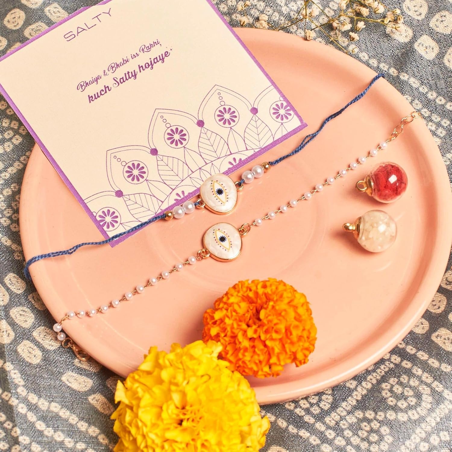 SALTY Rakhi for Brother and Bhabhi Set of 2 | Rakhi Gift Pack for Sister, Bhaiya | Bracelet for Men, Women | Evil Eye Fancy Jewellery Combo Gifts | Ideal for Gifting Hamper - Image 2