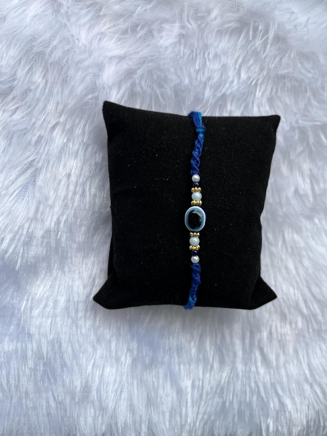 PDY FASHION Evil Eyes Handcrafted Blue Thread Rakhi with Pearl and Golden Beads, Traditional Indian Festival Bracelet - Image 5