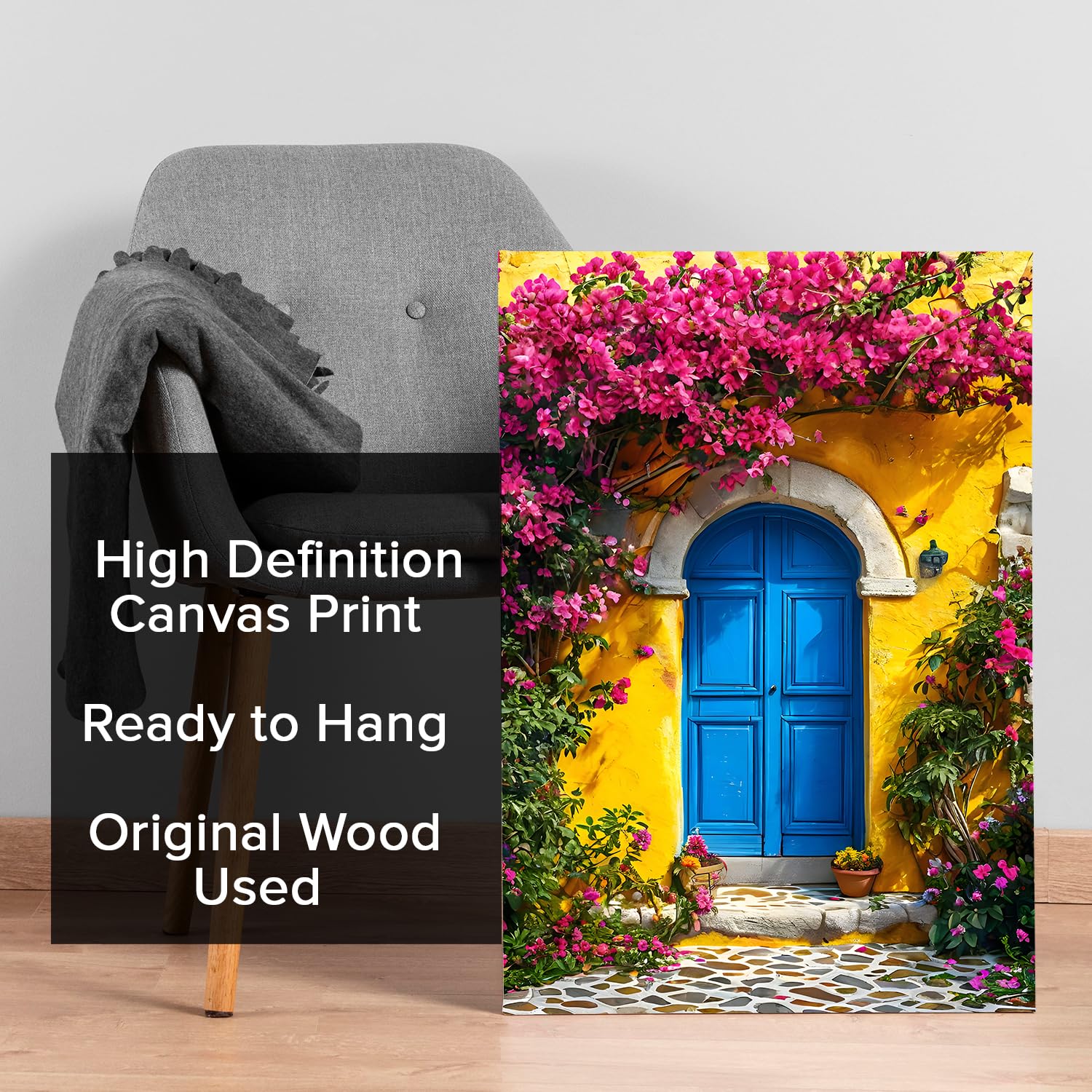 PAPER PLANE DESIGN Mediterranean Blue Door Wall Art | Yellow Textured House with Bougainvillea | Vibrant Floral Decor for Home & Cafe | 20 x 30 Inch Canvas | Framed & Ready to Hang | DS1465 - Image 4