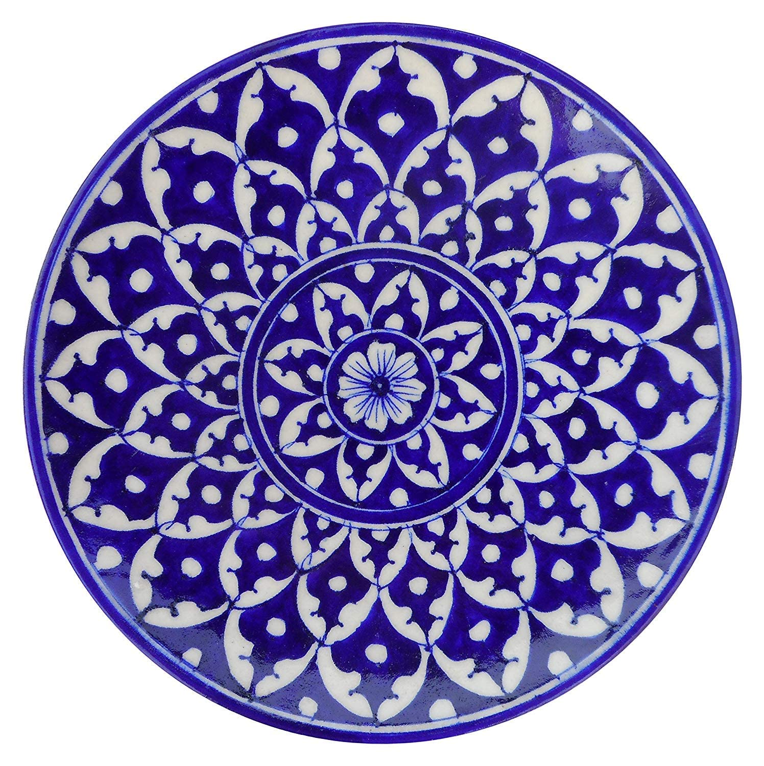 Potterywalaz Blue Pottery Wall Decor Hanging Geometrical Design Handmade Plate 10 Inch (PTN13) (Blue) - Image 2