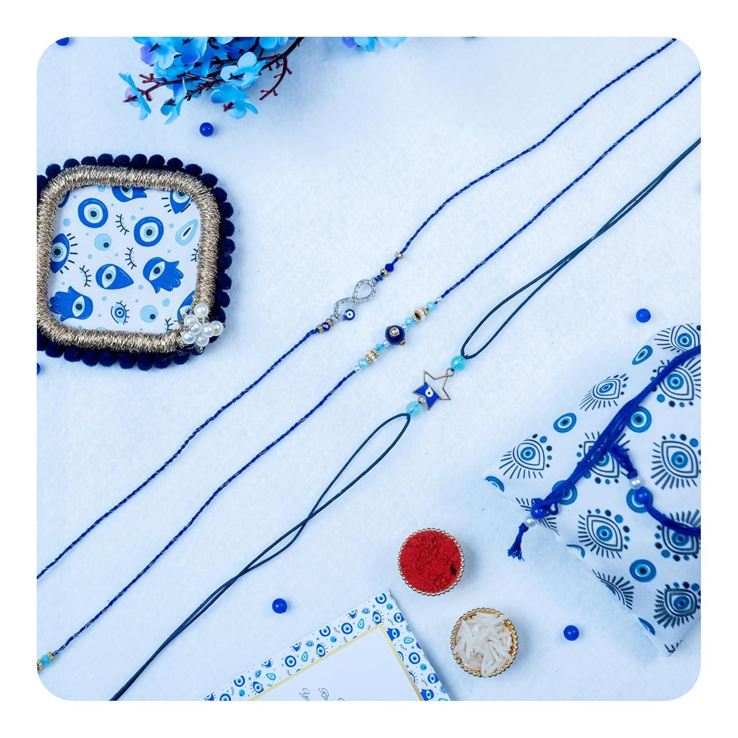 MyPoojaThali Set of 3 Evil Eye Rakhi for Brother with Thali, Blessing Card, Roli Chawal & Printed Gift Pouch – Designer Raksha Bandhan Combo - Image 2