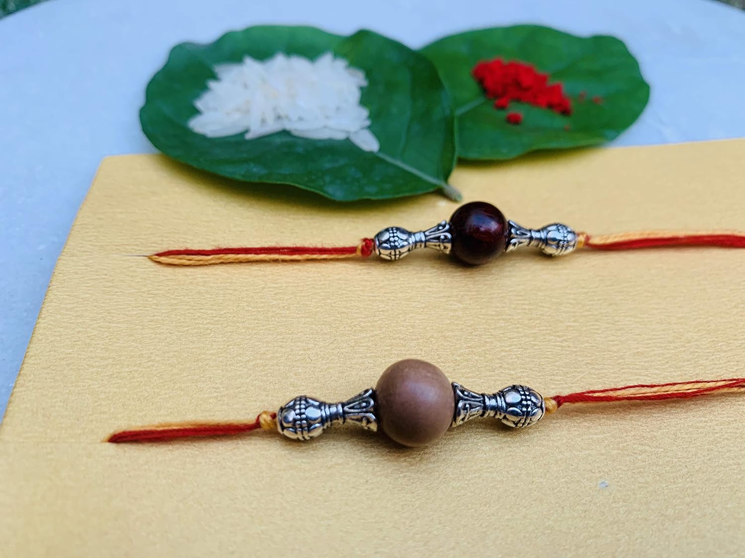 RDK Original Handcrafted Red & White Sandalwood Beaded Pattern Dora Rakhi Safed Lal Chandan Designer Rakshbandhan Rakhis for Bhaiya Brother - Image 5