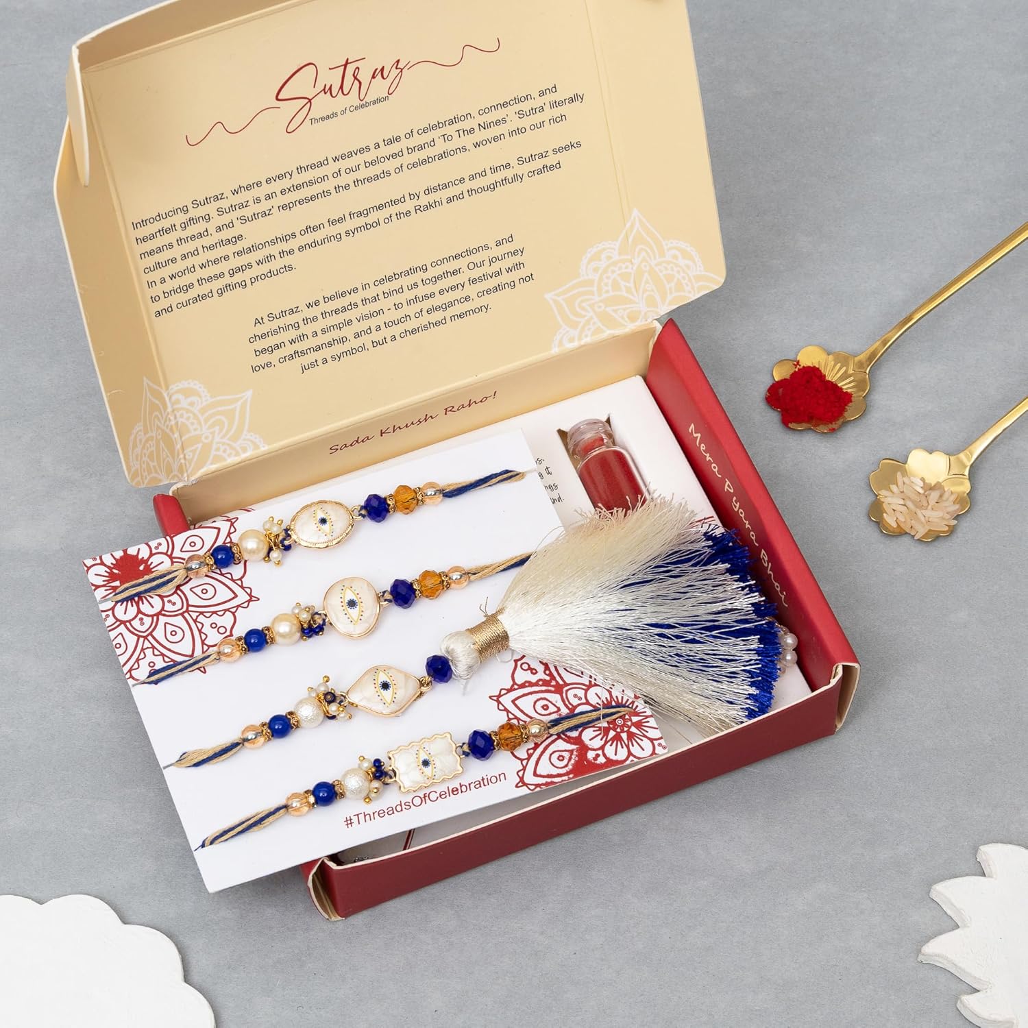To The Nines Bhaiya Bhabhi Rakhi Set with 2 Rakhi for Kids, Greeting Card & Tilak Material – Lumba Set - Image 5