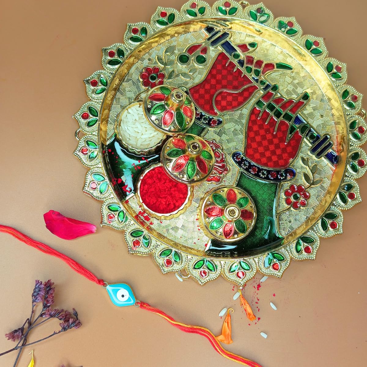 JWELLA Evil Eye Rakhi with Quirky Raksha Bandhan Card, Roli kumkum Chawal & Decorative Pooja Thali (18cm) | Rakhi Combo with Fun Card - Image 3