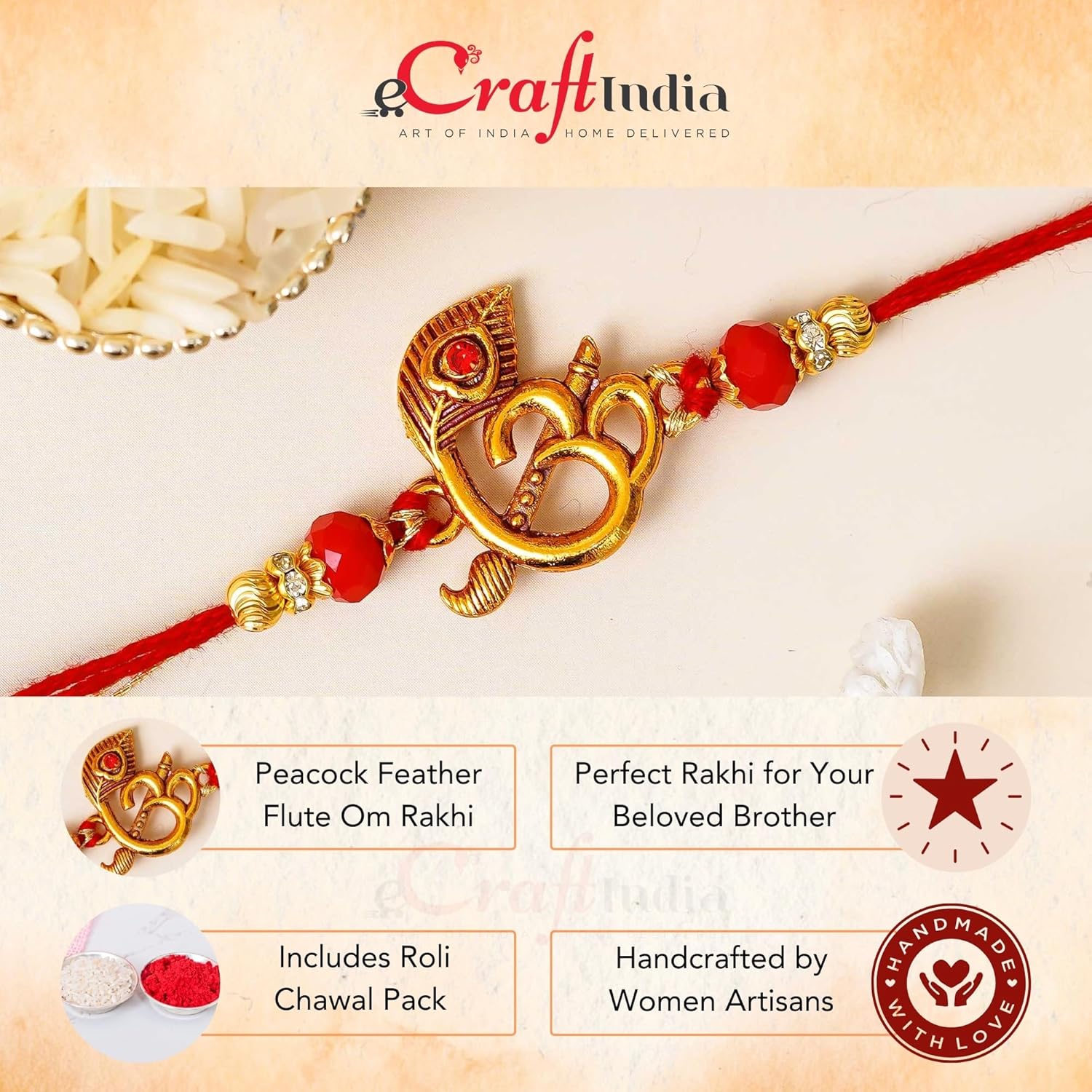 eCraftIndia Peacock Feather Flute Om Rakhi for Brother | Raksha Bandhan Rakhi for Bhai Bhaiya | Best Bro Ever Fridge Magnet | Roli Chawal Pack - Image 5