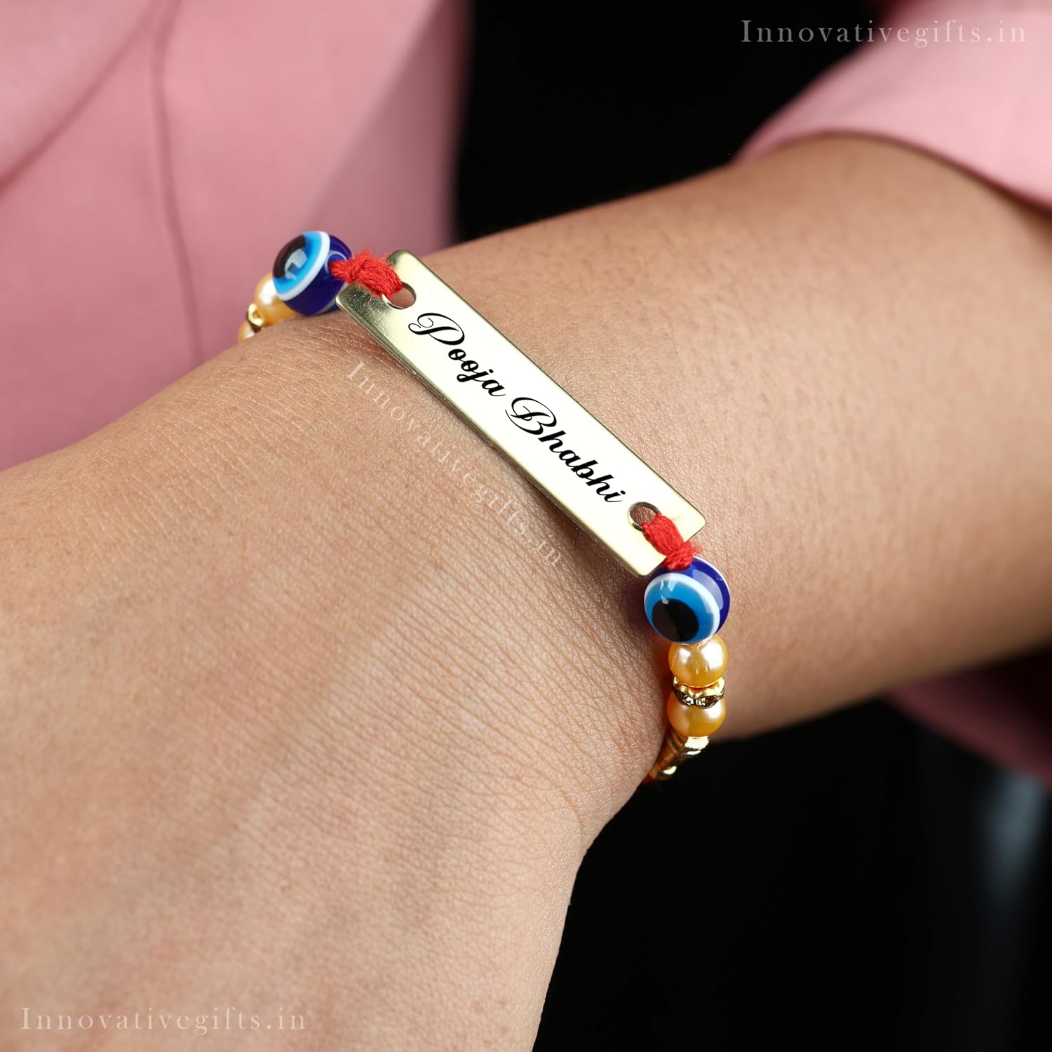 Innovative Gifts Personalized Red Evil Eye Rakhi with Name & Roli Chawal | Customized Rakhi for Brother | Engraved Name for Bhaiya | Raksha Bandhan Gift for Boys & Girls - Image 5