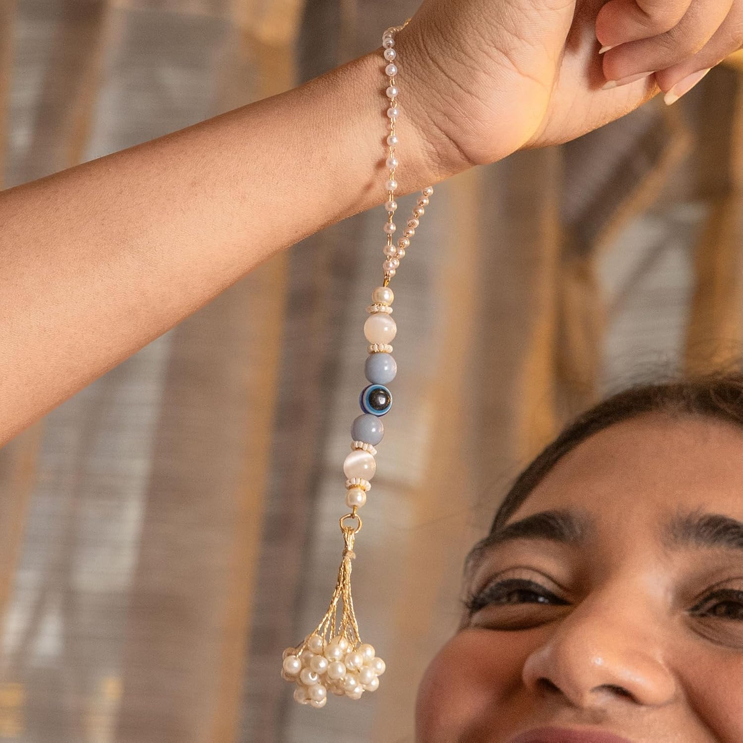 Mesmerize Angelite, Selenite & Evil Eye Rakhi for Brother | Protective Natural Stone Rakhi for Raksha Bandhan | - Image 4