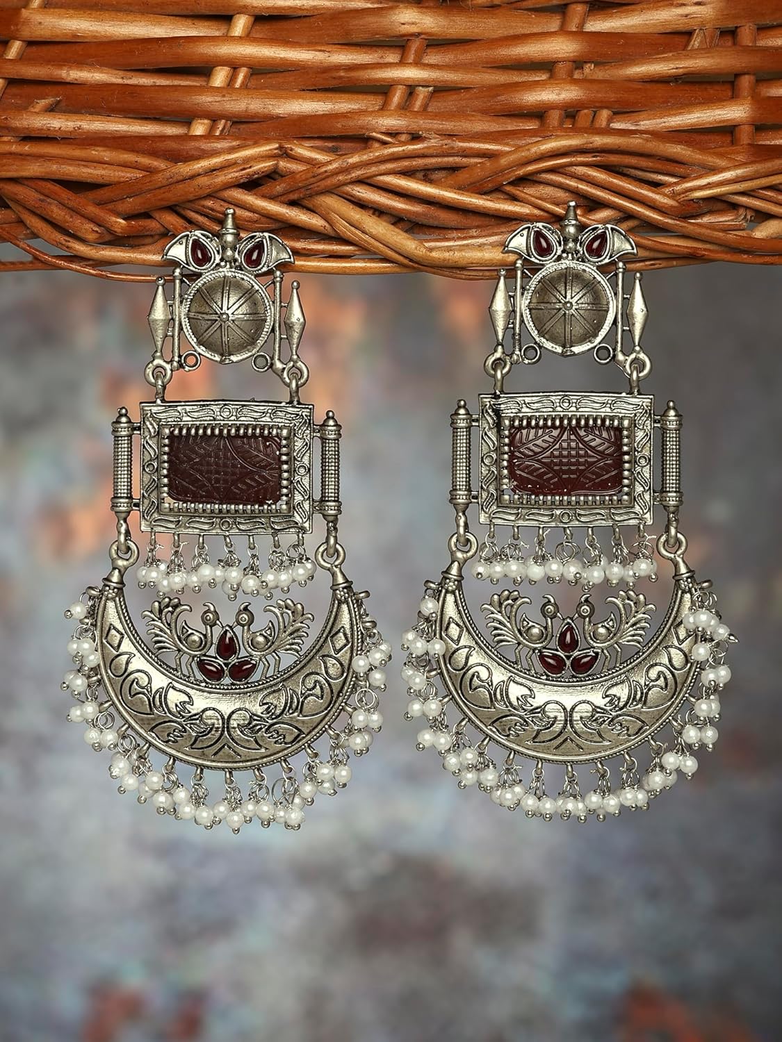 Zaveri Pearls Maroon Silver Oxidised Stones & Beads Traditional Dangle Earring For Women-ZPFK16701 - Image 4