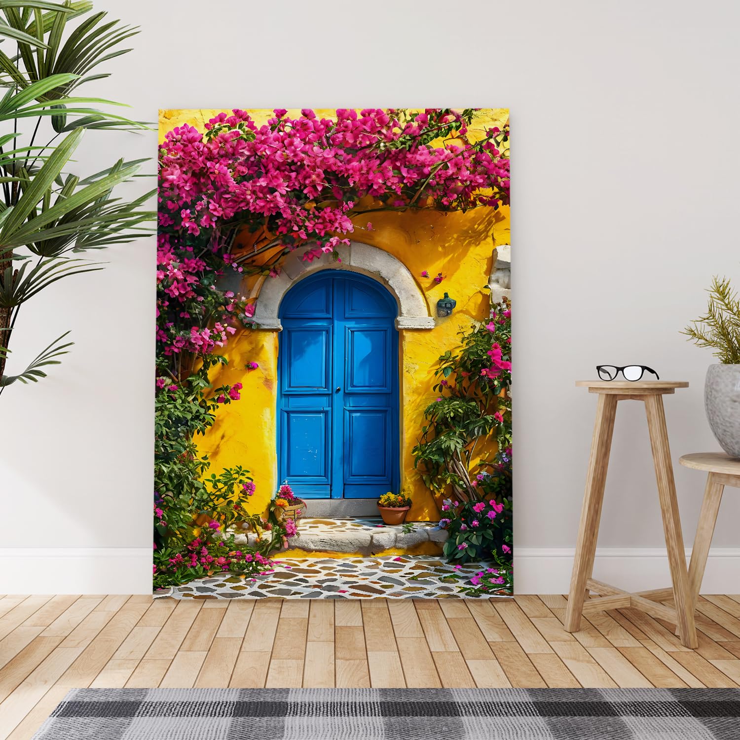 PAPER PLANE DESIGN Mediterranean Blue Door Wall Art | Yellow Textured House with Bougainvillea | Vibrant Floral Decor for Home & Cafe | 20 x 30 Inch Canvas | Framed & Ready to Hang | DS1465 - Image 2