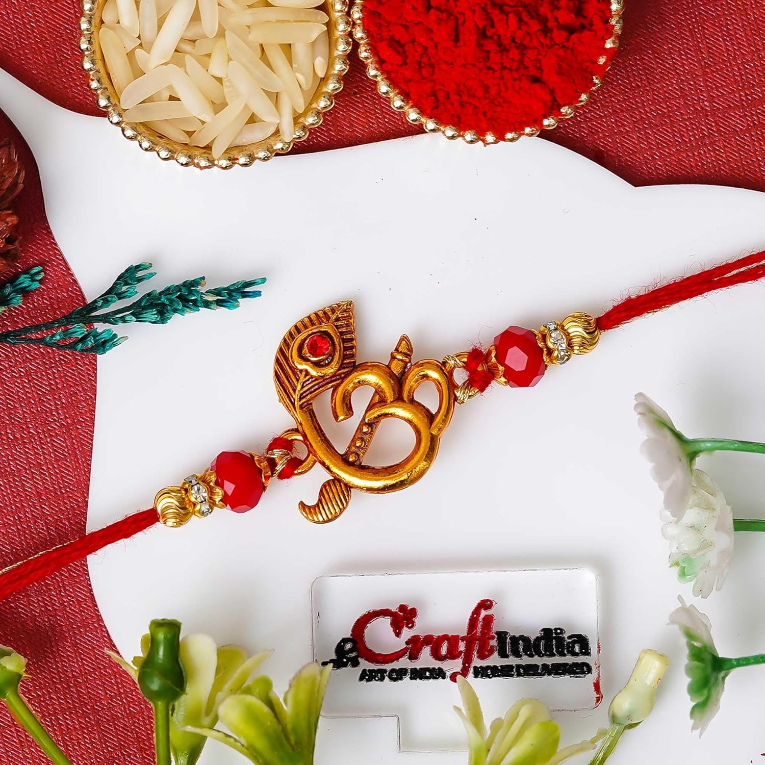 eCraftIndia Peacock Feather Flute Om Rakhi for Brother | Raksha Bandhan Rakhi for Bhai Bhaiya | Best Bro Ever Fridge Magnet | Roli Chawal Pack - Image 3