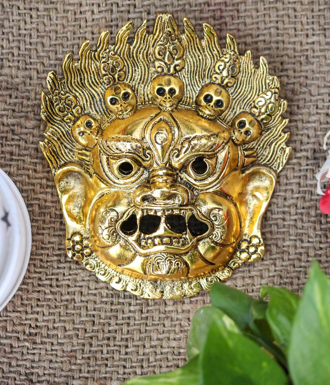 CRAFTICIA Metal Mahakal Face Mask Negative Energy Remover Nazar Battu Evil Eye Protector Wall Mount Hanging Sculpture for Vastu Figurine (4 X 6.5 inch, Golden) - Image 3