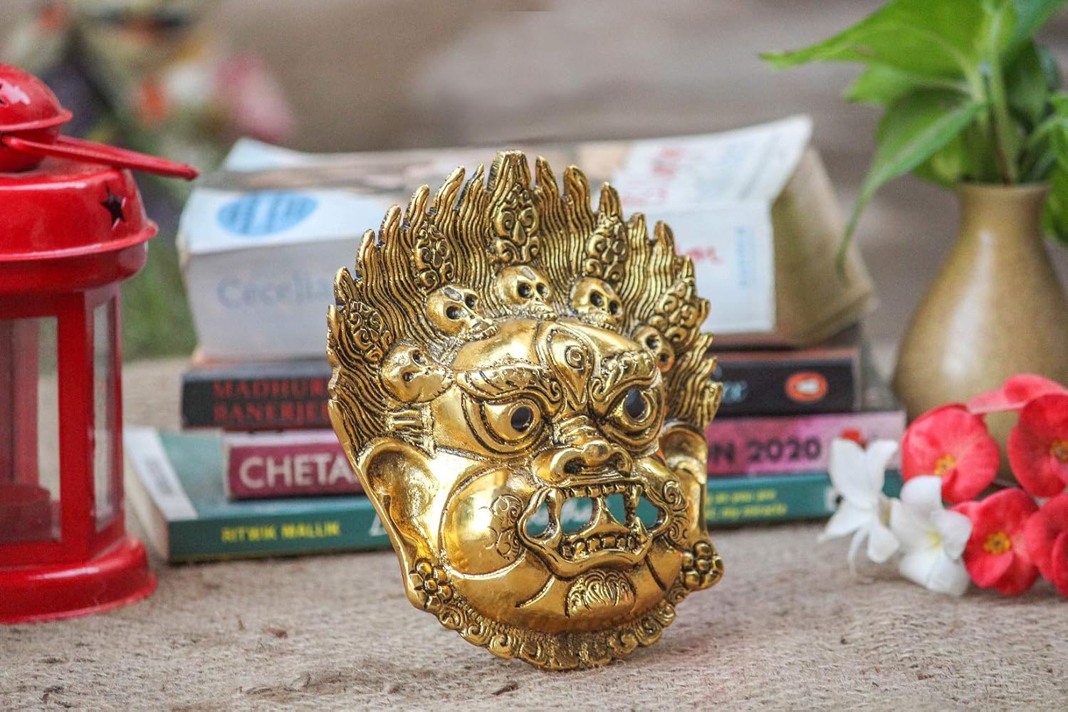 CRAFTICIA Metal Mahakal Face Mask Negative Energy Remover Nazar Battu Evil Eye Protector Wall Mount Hanging Sculpture for Vastu Figurine (4 X 6.5 inch, Golden) - Image 5