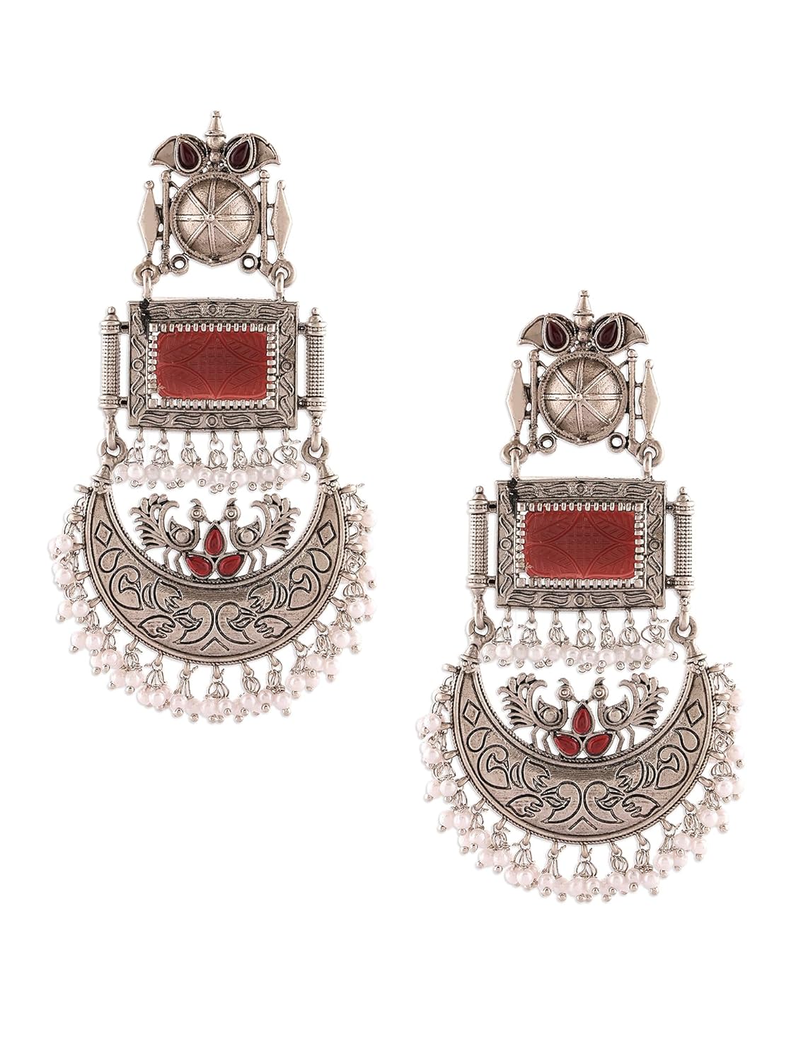 Zaveri Pearls Maroon Silver Oxidised Stones & Beads Traditional Dangle Earring For Women-ZPFK16701 - Image 2