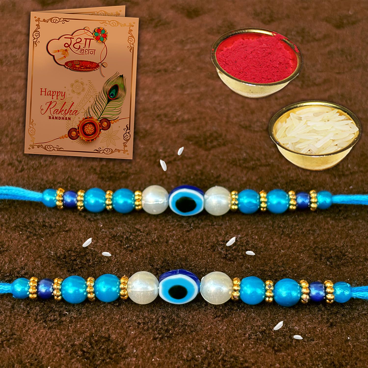 AWANI TRENDS Evil Eye Rakhi Combo With Roli chawal and Rakshabandhan Greeting card For Men (2EV) Set of 2 Rakhis - Image 6