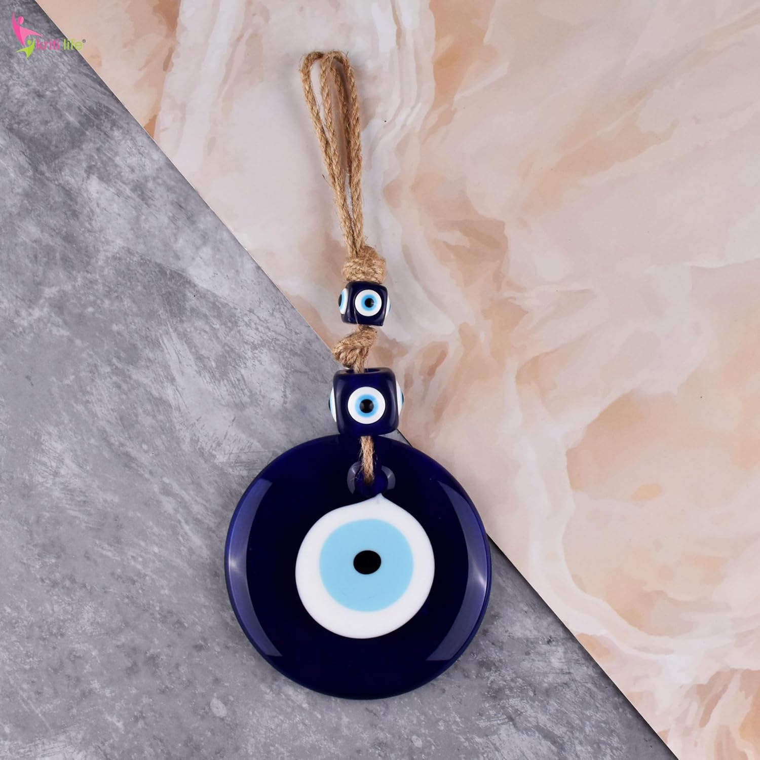 Kriti Life Glass Evil Eye Hanging | 26 cm Hight | Nazar Protection Wall Decor with Rope & Cube Beads | Spiritual Decor for Home, Office & Gifting - Image 4