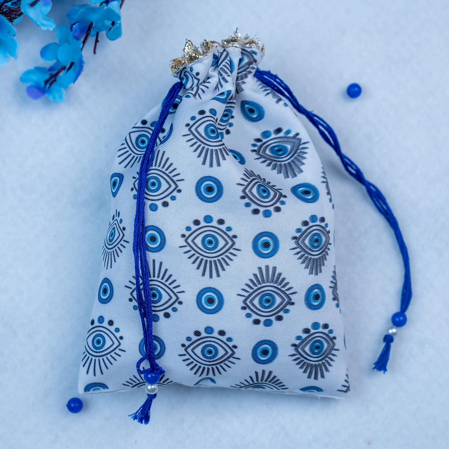 MyPoojaThali Set of 3 Evil Eye Rakhi for Brother with Thali, Blessing Card, Roli Chawal & Printed Gift Pouch – Designer Raksha Bandhan Combo - Image 4