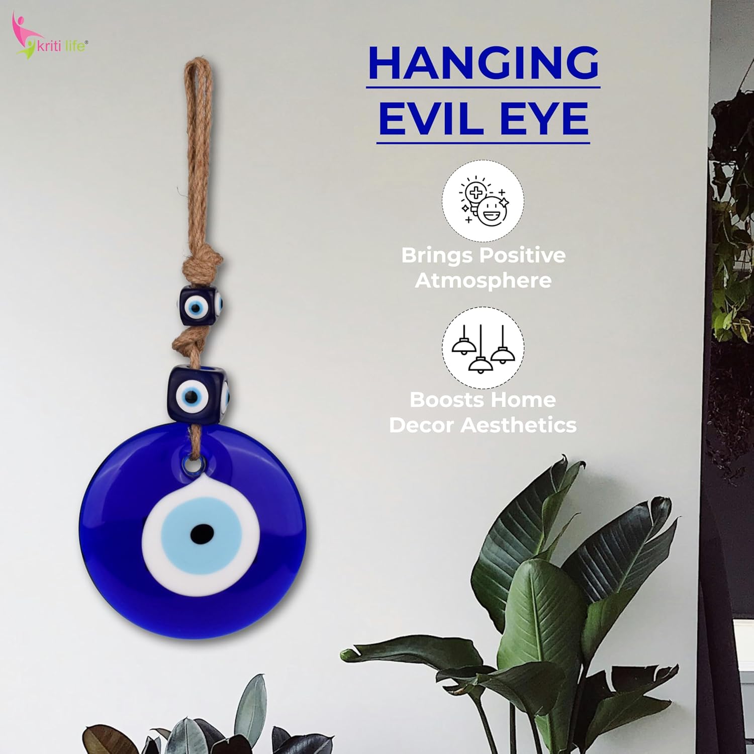Kriti Life Glass Evil Eye Hanging | 26 cm Hight | Nazar Protection Wall Decor with Rope & Cube Beads | Spiritual Decor for Home, Office & Gifting - Image 7