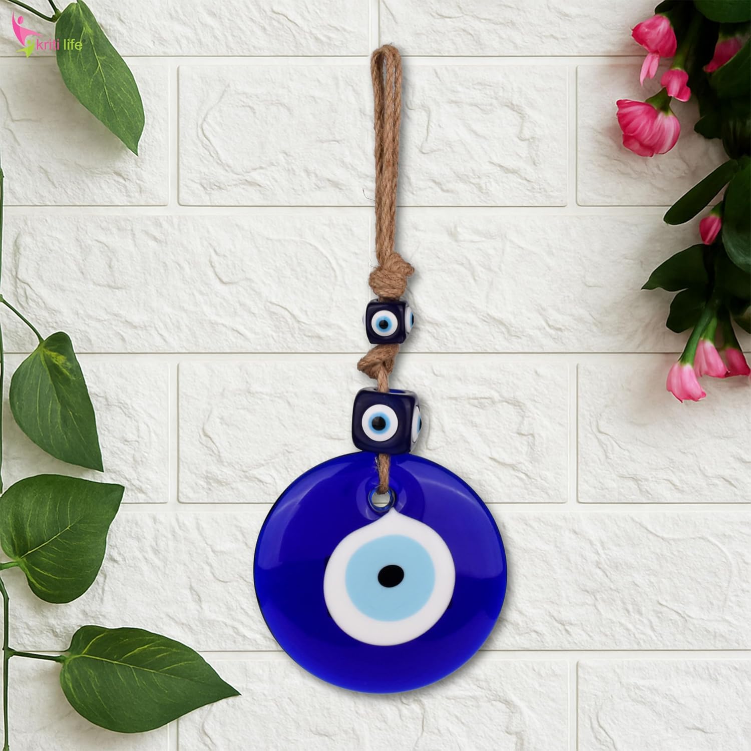 Kriti Life Glass Evil Eye Hanging | 26 cm Hight | Nazar Protection Wall Decor with Rope & Cube Beads | Spiritual Decor for Home, Office & Gifting - Image 3
