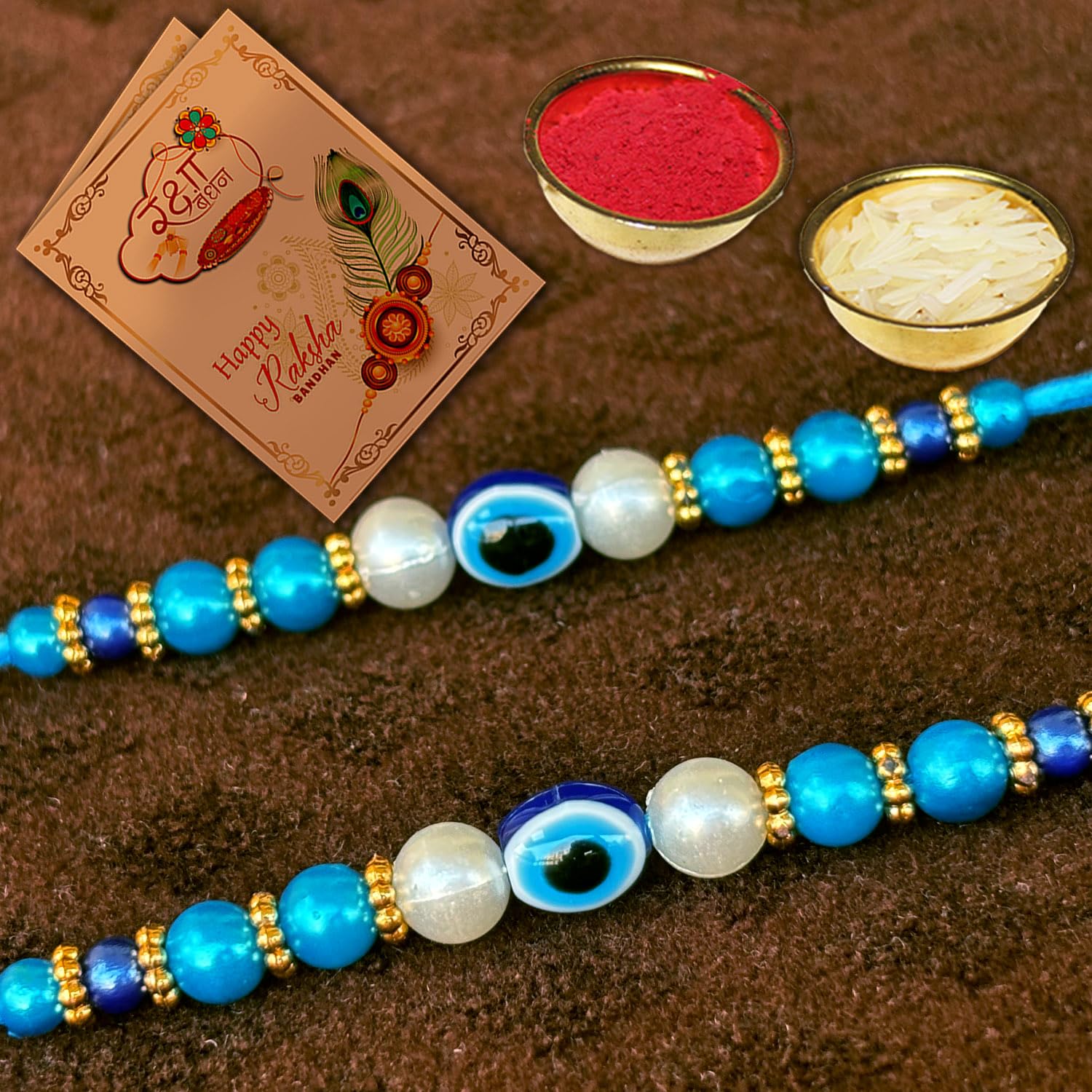 AWANI TRENDS Evil Eye Rakhi Combo With Roli chawal and Rakshabandhan Greeting card For Men (2EV) Set of 2 Rakhis - Image 3