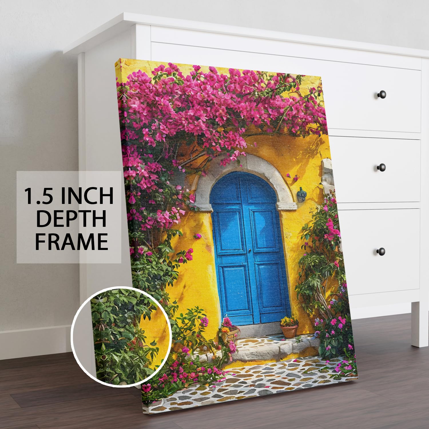 PAPER PLANE DESIGN Mediterranean Blue Door Wall Art | Yellow Textured House with Bougainvillea | Vibrant Floral Decor for Home & Cafe | 20 x 30 Inch Canvas | Framed & Ready to Hang | DS1465 - Image 5