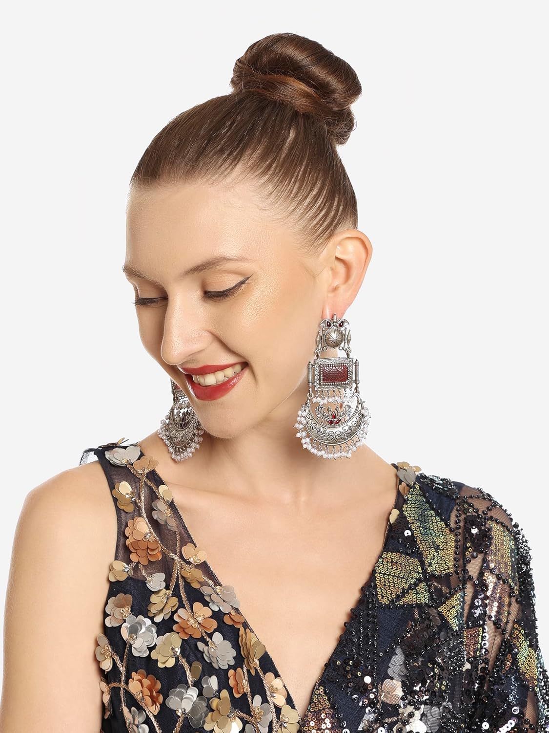 Zaveri Pearls Maroon Silver Oxidised Stones & Beads Traditional Dangle Earring For Women-ZPFK16701 - Image 5