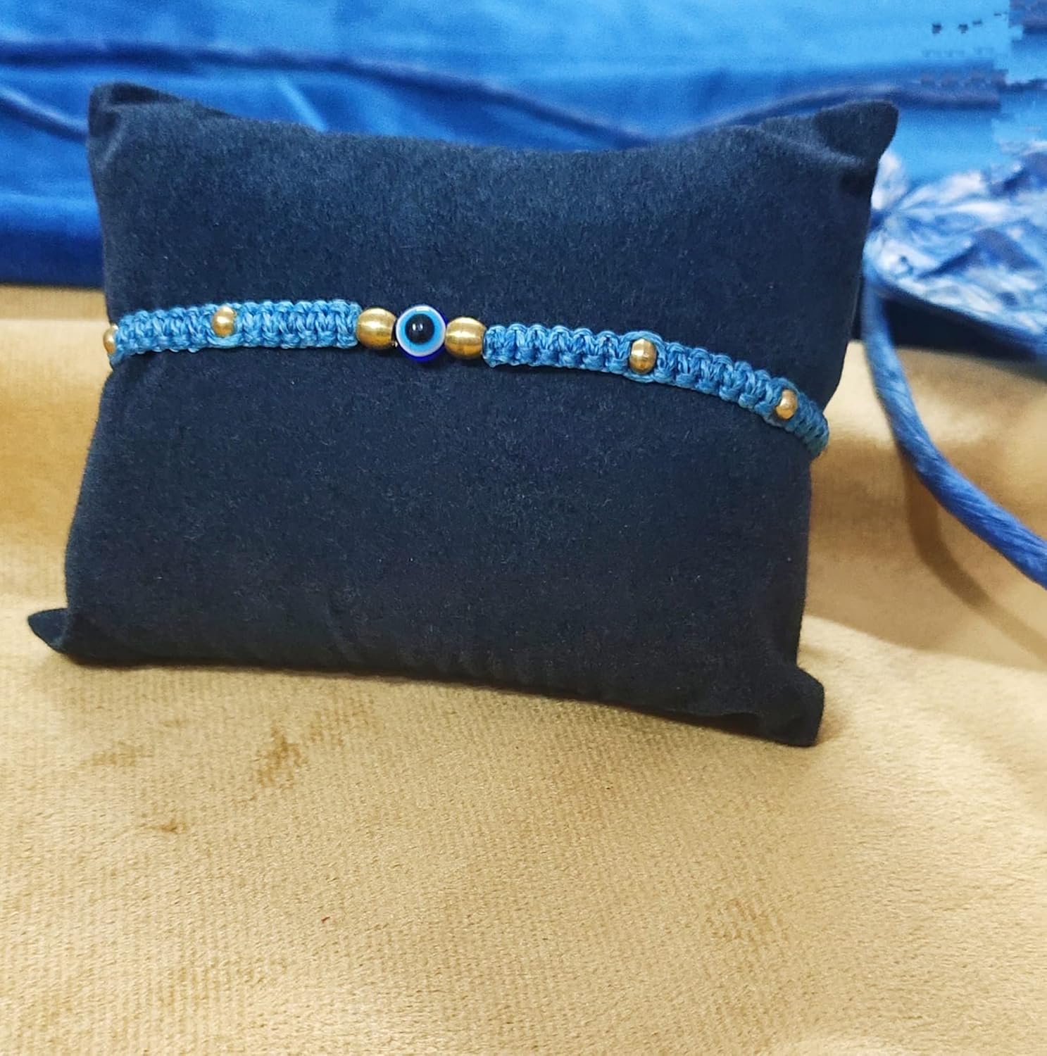 SAFFRON SHADES Stylish and Elegant Evil Eye Bracelet Rakhi for Brother Sister Bhabhi with Greeting Card and Roli Chawal | Premium Linhasita Thread - Image 3