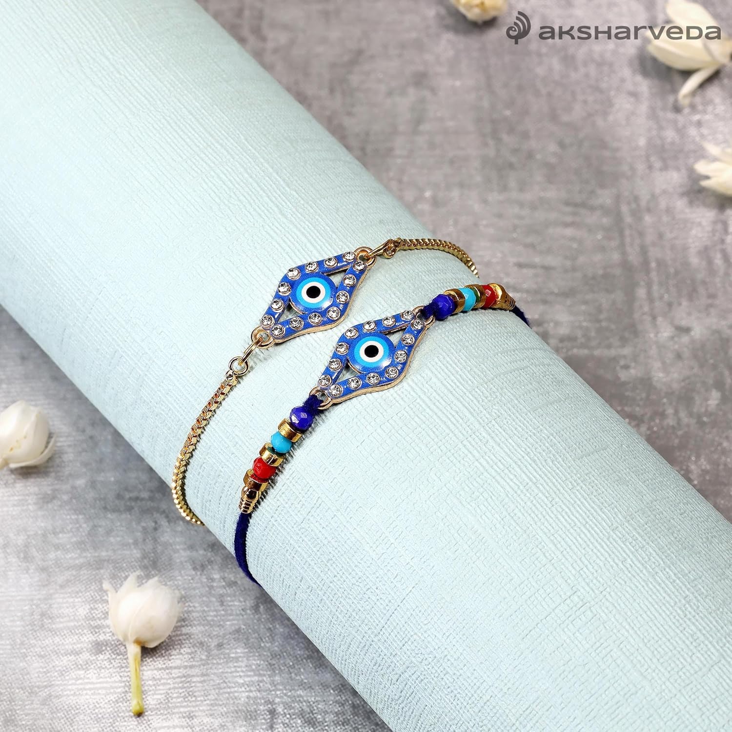 Aksharveda Designer Evil Eye Rakhi Combo - Love & Protection for Bhaiya Bhabhi Rakhi - Image 2