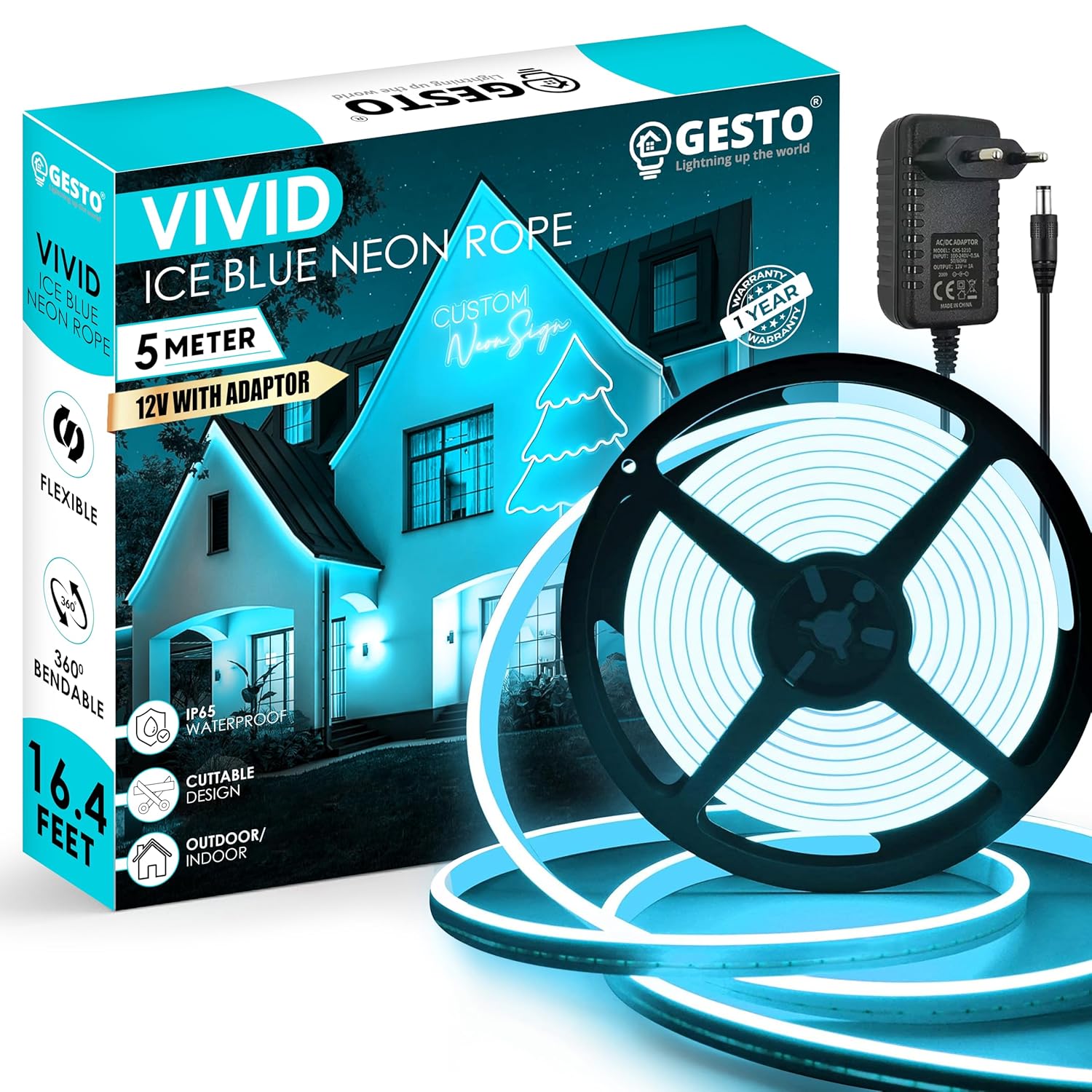 Gesto 16.4 Ft Neon LED Strip Light with 12V Adapter | Waterproof, Flexible & Cuttable Rope Light for Diwali Decor,Wall Decor,Indoor Outdoor Lighting, Neon Sign Board & Custom Name Design – Ice Blue - Image 2