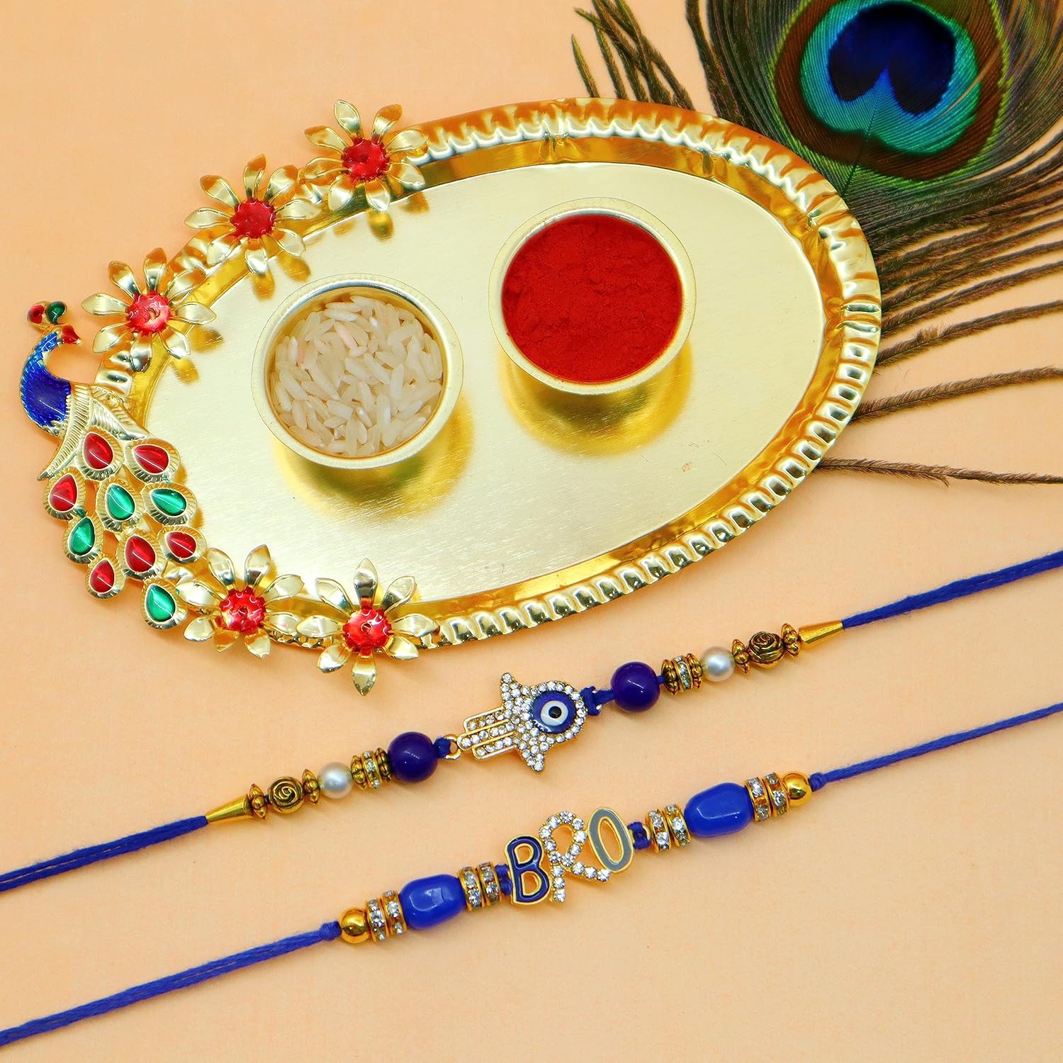 JAIPUR ACE Boy's Rakhi Combo Set of Premium Floral Rakhi Elegant Beads Rakhi with Golden Pooja Thali and Roli for Bro/Brother/Bhaiya/Bhai/Rakshabandhan - Image 2