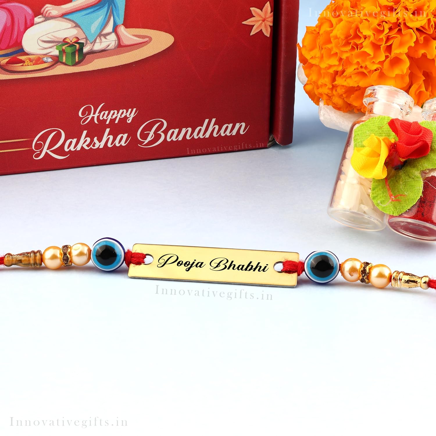 Innovative Gifts Personalized Red Evil Eye Rakhi with Name & Roli Chawal | Customized Rakhi for Brother | Engraved Name for Bhaiya | Raksha Bandhan Gift for Boys & Girls - Image 4