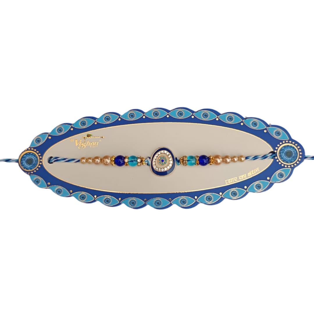 SWEKSHA CREATIONS Premium AD stone work EVIL EYE Rakhi Set for Brother Designer Blue Rakhis Combo for Raksha Bandhan (5 Rakhi) - Image 3