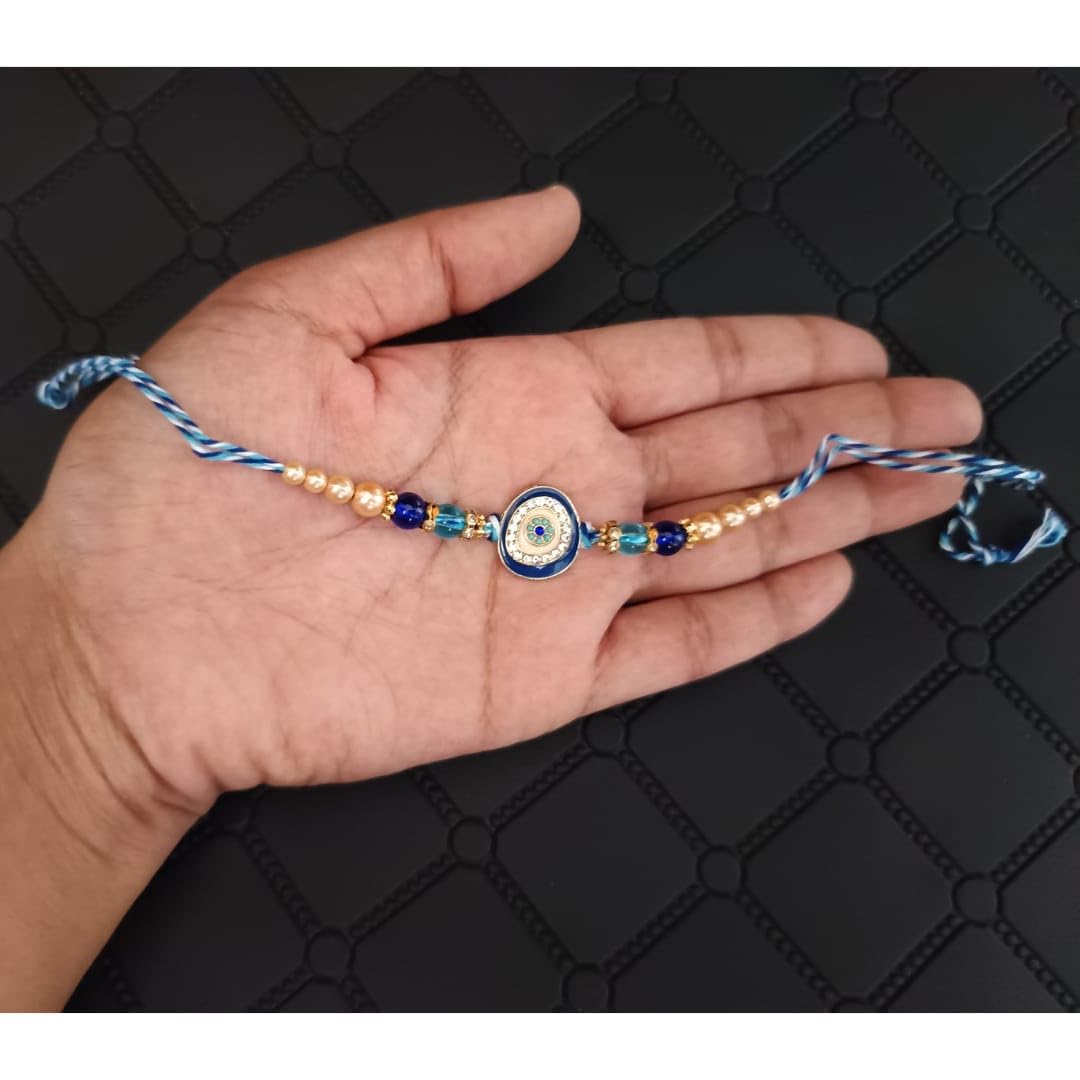 SWEKSHA CREATIONS Premium AD stone work EVIL EYE Rakhi Set for Brother Designer Blue Rakhis Combo for Raksha Bandhan (5 Rakhi) - Image 4