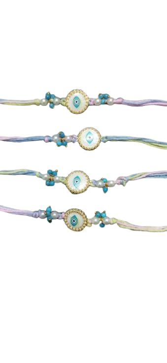 Designer Evil Eye Rakhi Set with Gold Accents and Blue Beads, Pack of 4, Multicolor Thread - Image 2