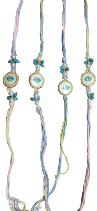 Designer Evil Eye Rakhi Set with Gold Accents and Blue Beads, Pack of 4, Multicolor Thread - Image 3