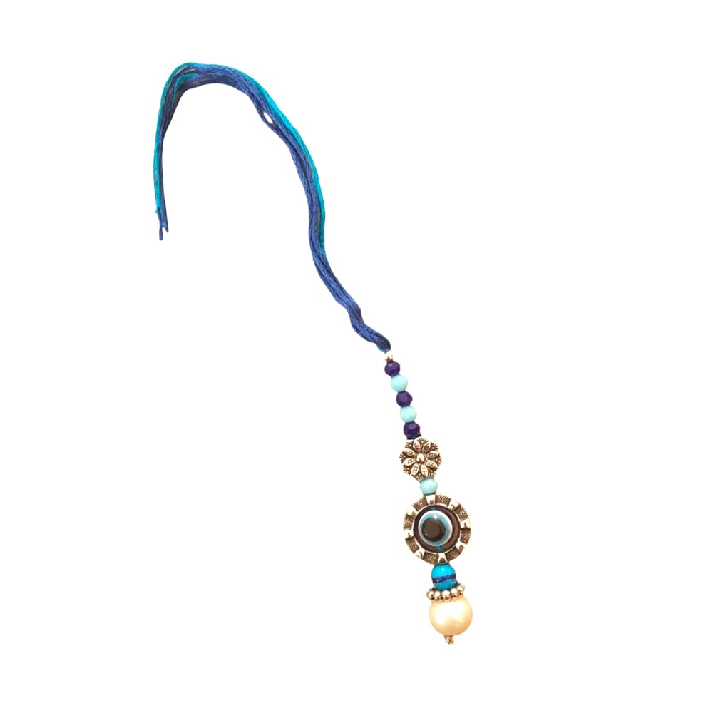 SK CRAFT Handcrafted Evil Eye Lumba Rakhi Set, Blue Thread with Pearl and Turquoise Beads, Traditional Design, 2 Pieces - Image 3