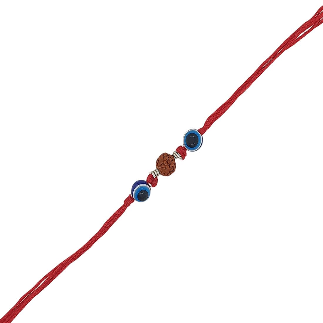 Handcrafted Rudraksh Rakhi with Blue Evil Eye Beads, Red Thread - Image 2