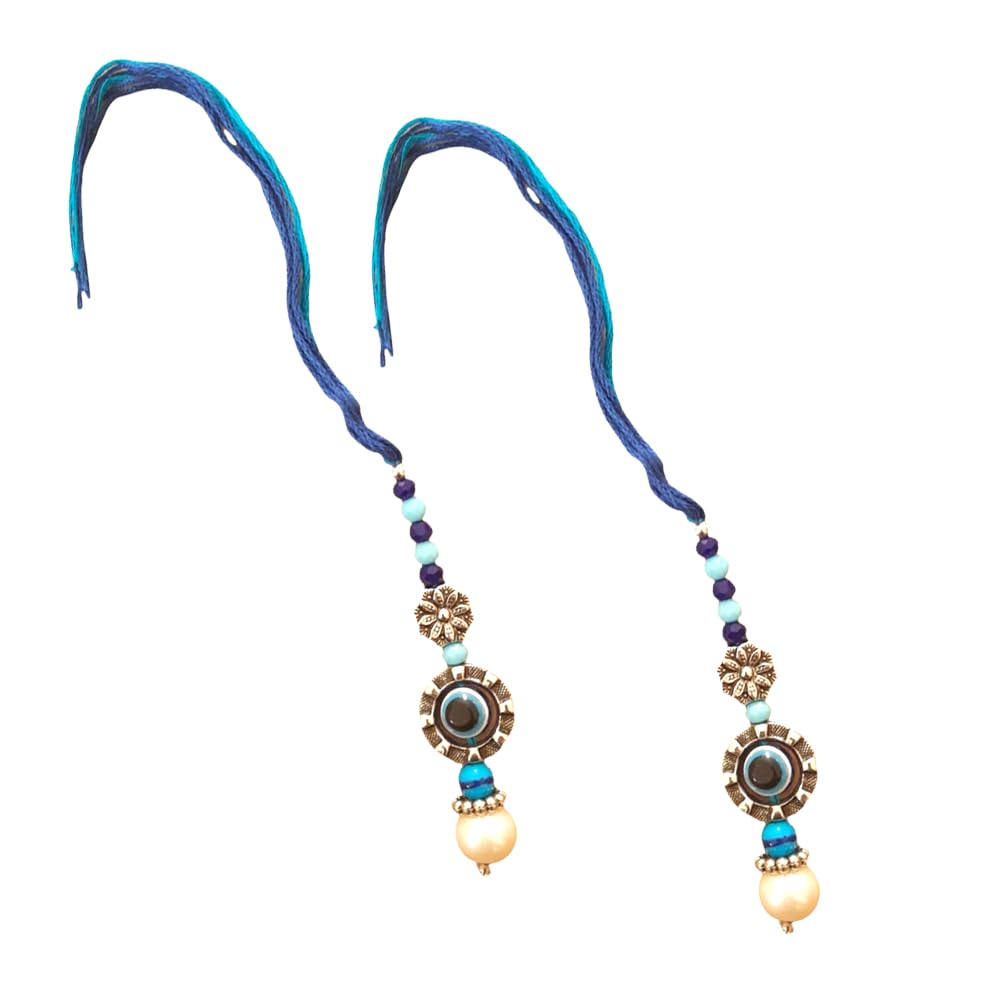 SK CRAFT Handcrafted Evil Eye Lumba Rakhi Set, Blue Thread with Pearl and Turquoise Beads, Traditional Design, 2 Pieces - Image 2