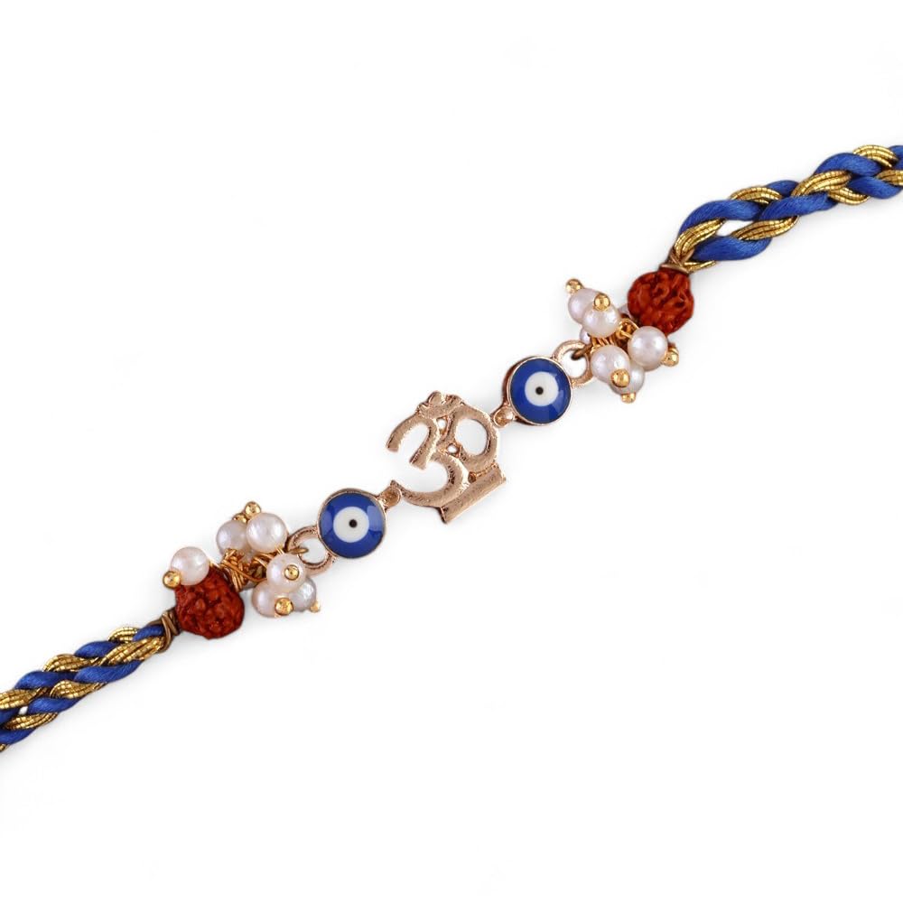 SHONA’S STYLE OM Charm Evil Eye Rakhi with Crystal Rhinestones, Blue and Gold Beads, Thread Rakhi - Image 2