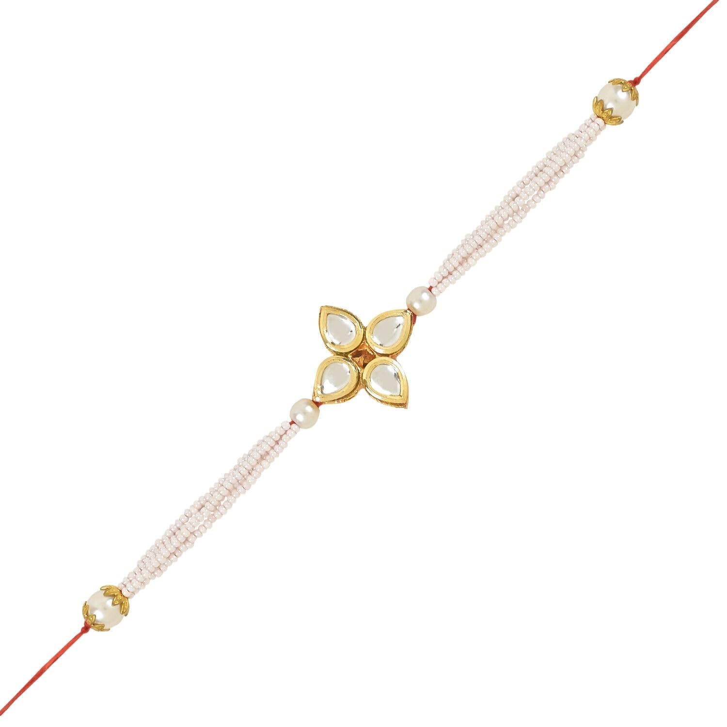 I Jewels Rakshabandhan Designer Handcrafted Pearl & Kundan Bhaiya Rakhi With Roli Chawal for Brother/Bro/Men (R120W) - Image 4