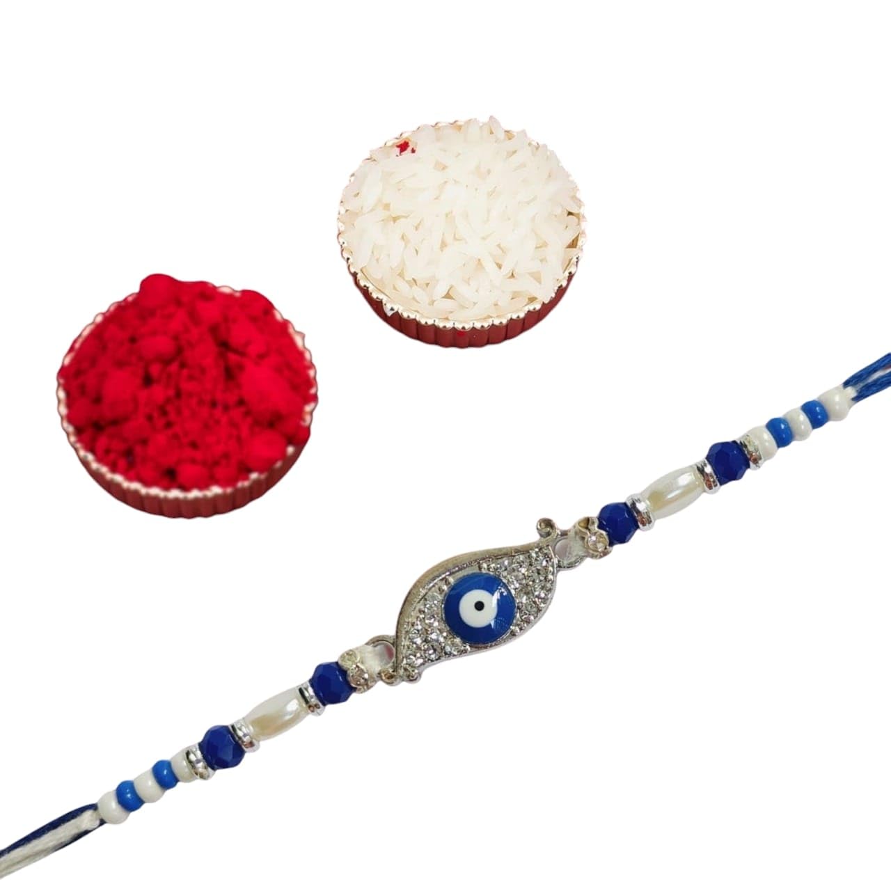 Evil Eye Rakhi with Crystal Stones, Blue and White Beads, Silver-Toned Charm - Pack of 1 - Image 2